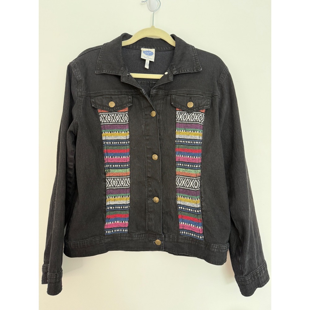 Vintage Diane Gilman DG2‎ Black M Denim Embroidered Jean Jacket Western Aztec